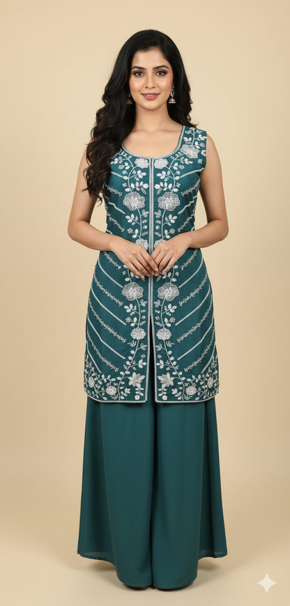 Peacock Green Chinon Hand Work Kurta &amp; Palazzo Set