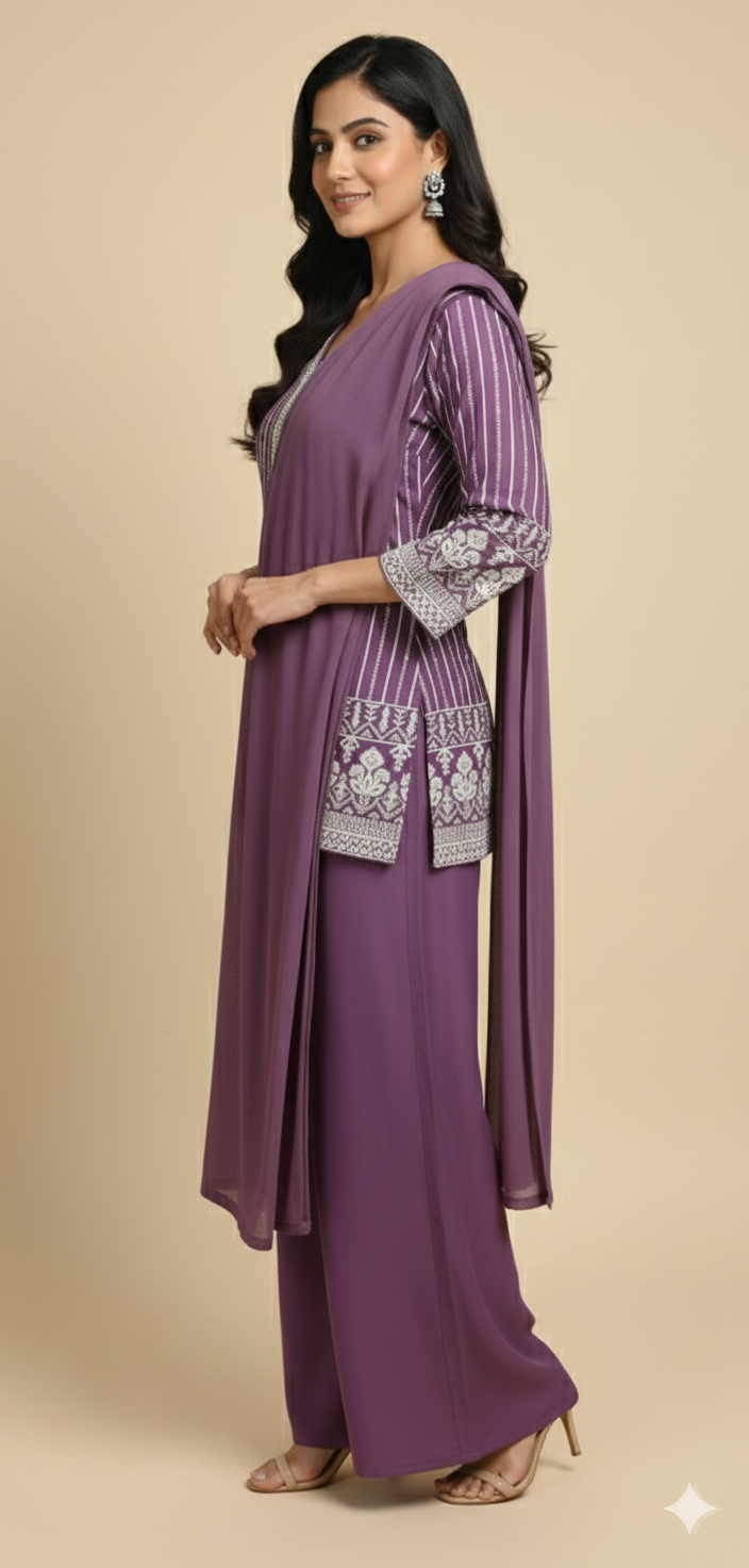 Purple Chinon Zircon & Thread Work Co-ord Set (Short Kurta & Palazzo)