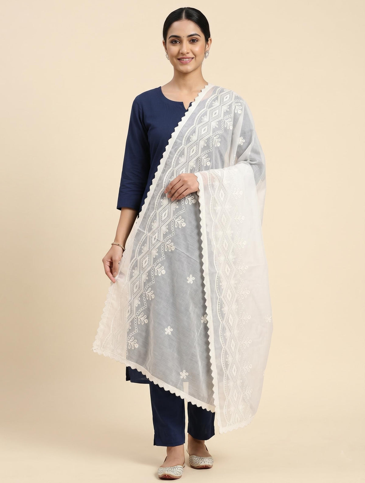 Elegant Cream (Cora )Pure Cotton Dupatta with Off White Thread Embroidery and Lace Border