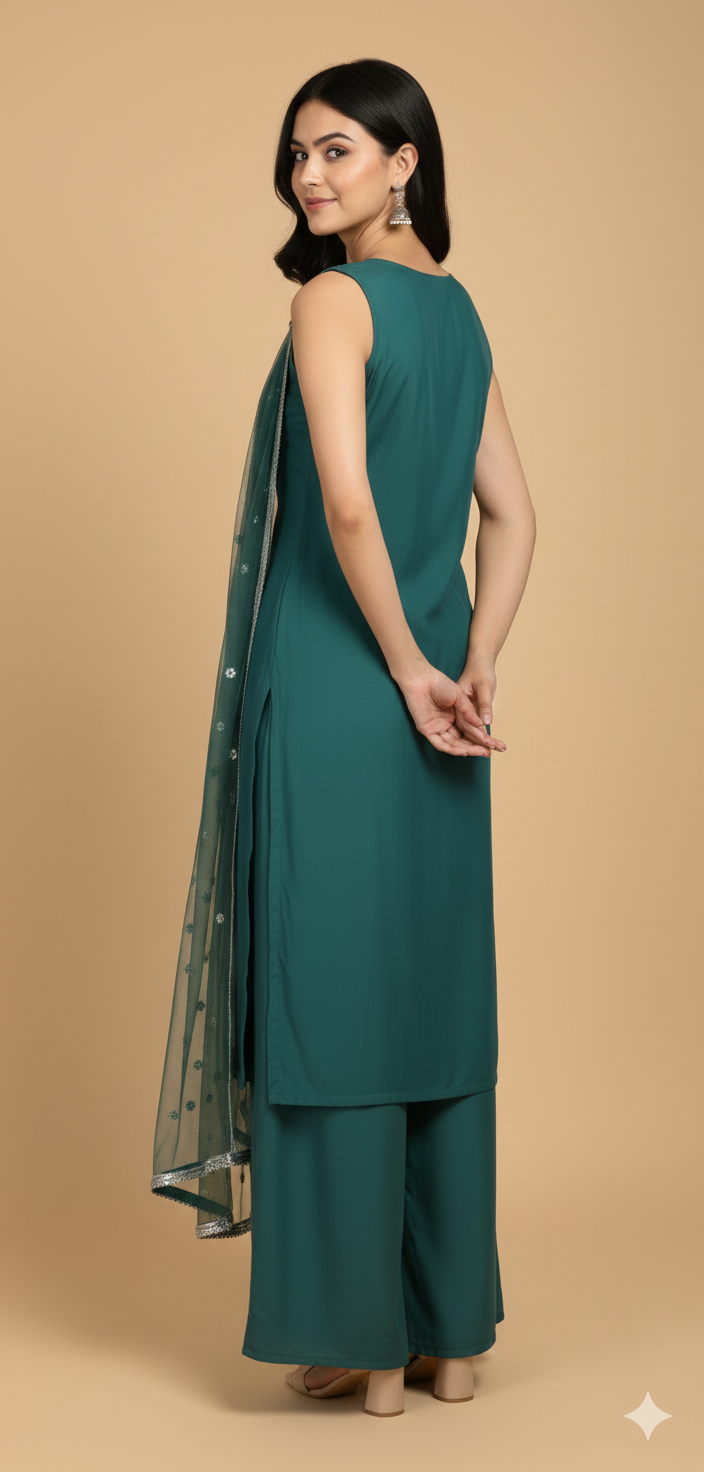 Peacock Green Chinon Hand Work Kurta &amp; Palazzo Set