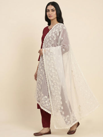 Graceful Cream Cora Pure Cotton Dupatta with Floral Panel Thread Embroidery and Star Butis
