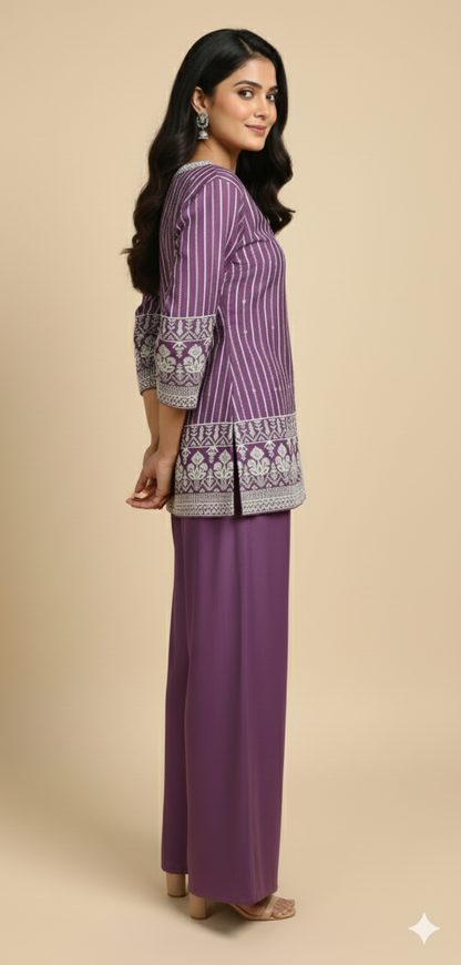 Purple Chinon Zircon & Thread Work Co-ord Set (Short Kurta & Palazzo)