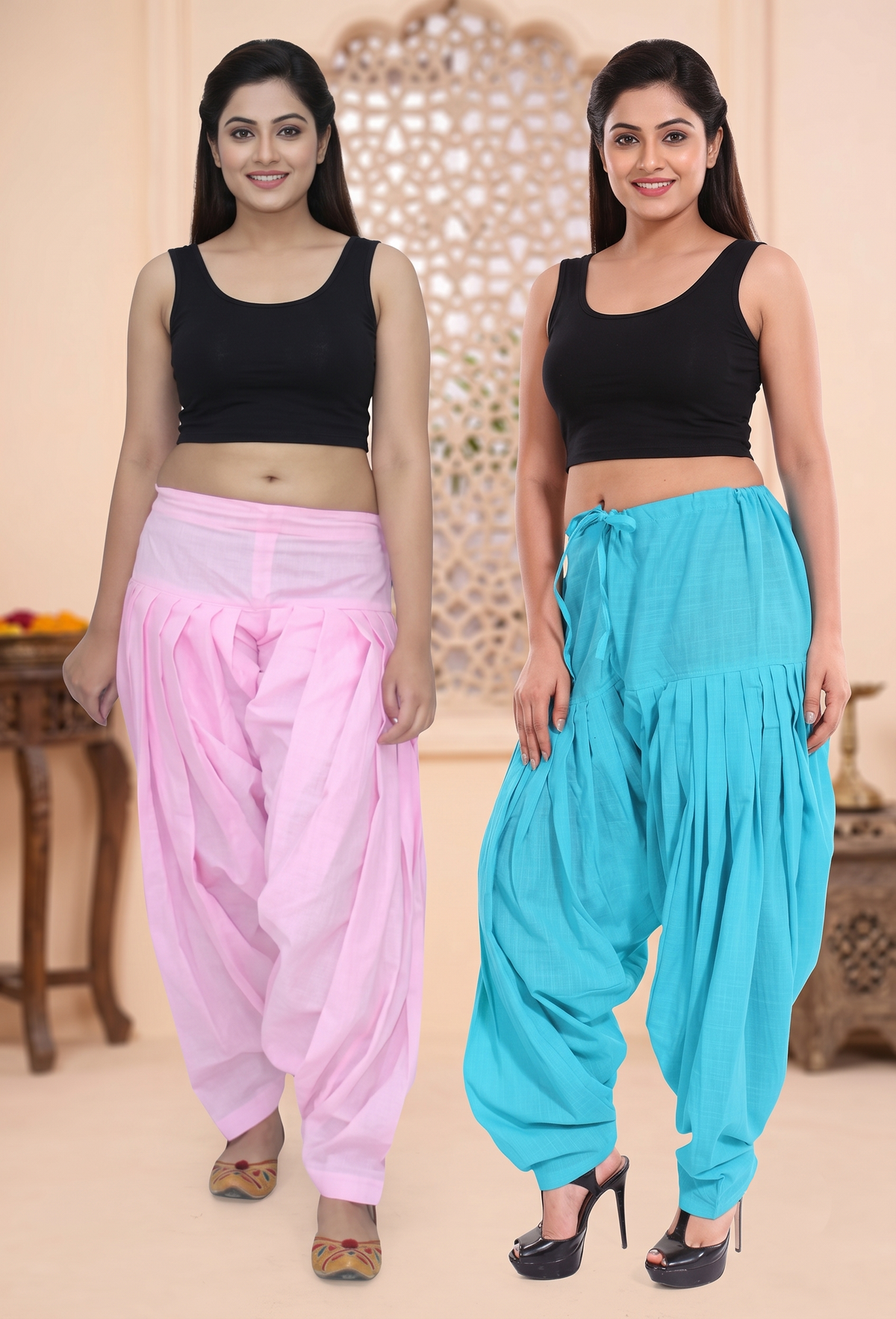 Women & Girl's Ethnic Premium Pleated Patiala Salwar in Baby Pink & Sky Blue-Pack of 2 Free