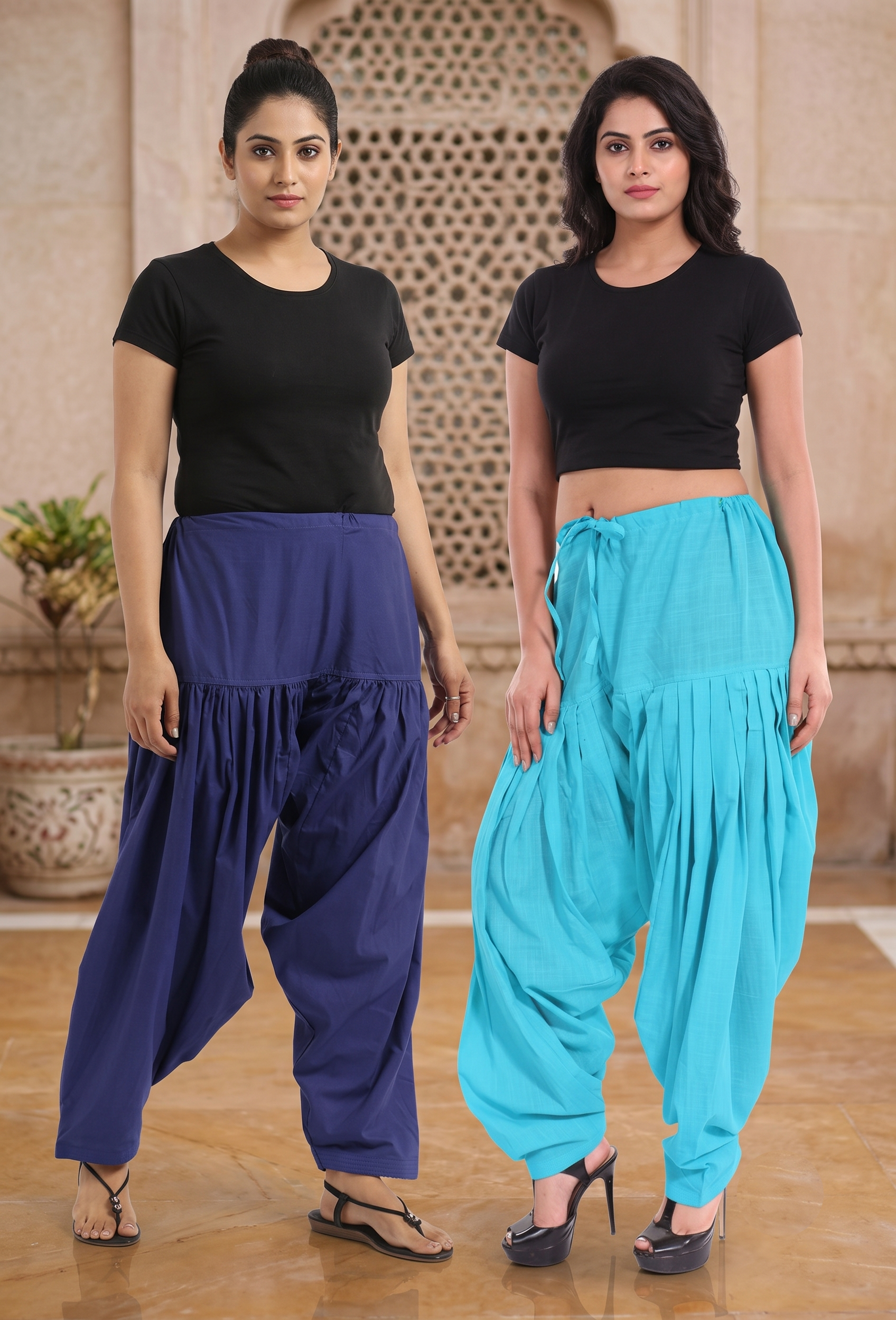 Women & Girl's Ethnic Premium Pleated Patiala Salwar in Navy blue & Sky Blue-Pack of 2
