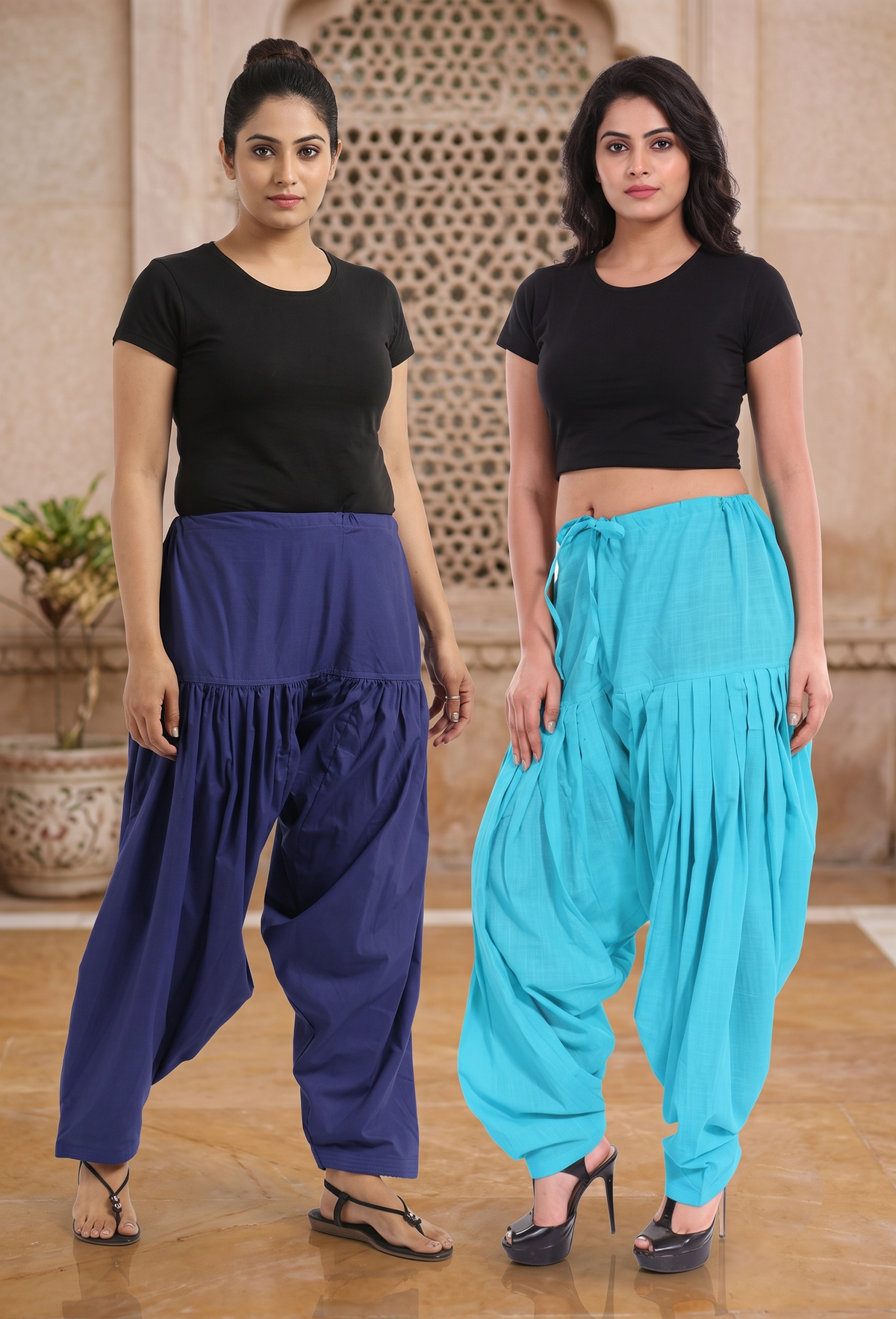 Women & Girl's Ethnic Premium Pleated Patiala Salwar in Navy blue & Sky Blue-Pack of 2