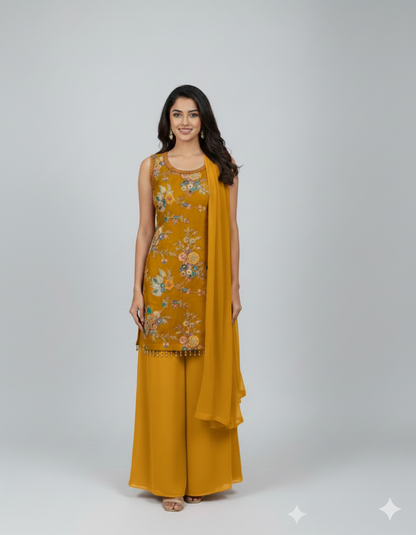 Mustard Yellow Silk Sharara Set with Multi-Thread Embroidery