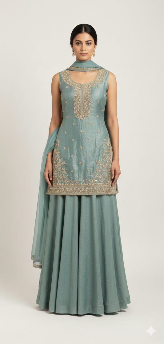 Elegant Mint Green Art Silk Blend Lehenga Set with Intricate Handwork
