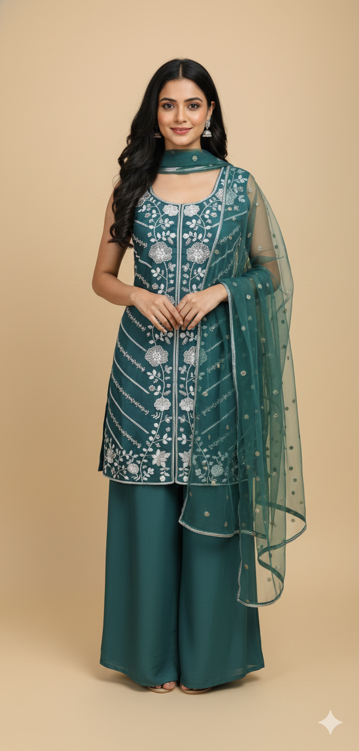 Peacock Green Chinon Hand Work Kurta &amp; Palazzo Set
