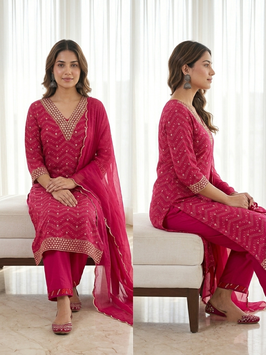 Rani Pink Mercerized Cotton Bandhani Print Kurta Set with Plain Chiffon Dupatta