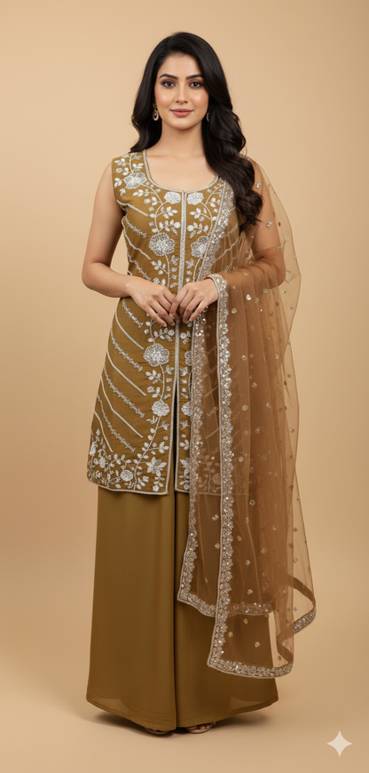 Gold Chinon Hand Work Kurta & Palazzo Set