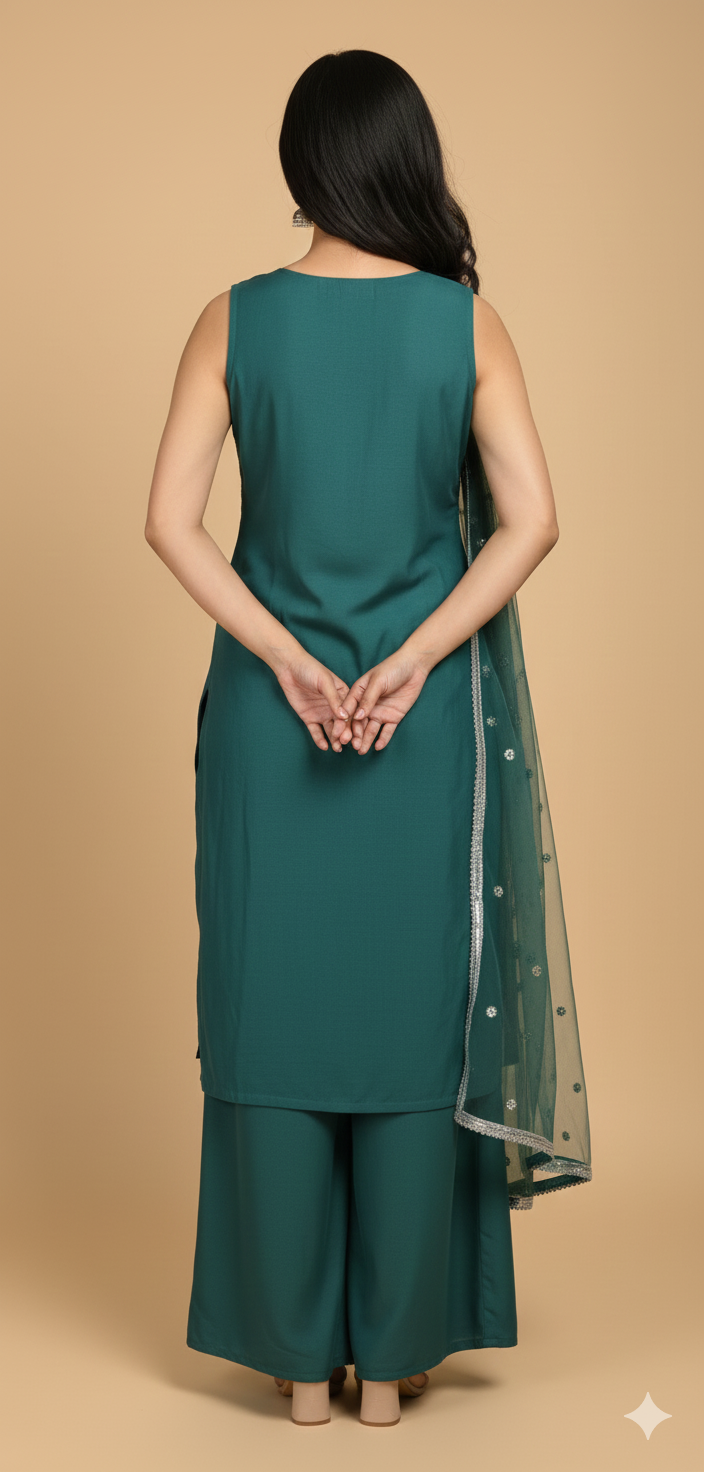 Peacock Green Chinon Hand Work Kurta &amp; Palazzo Set