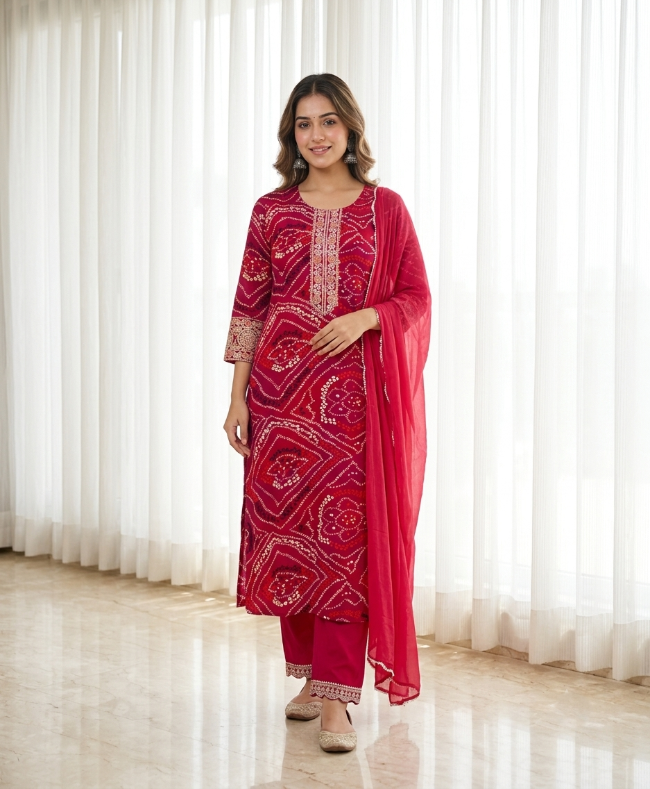 Crimson Red Bandhani Printed Mercerized Cotton Kurta Set with Embroidered Neck & Chiffon Dupatta