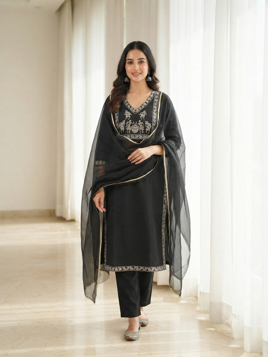 Jet Black Mercerized Cotton Embroidered Kurta, Pant & Chiffon Dupatta Set