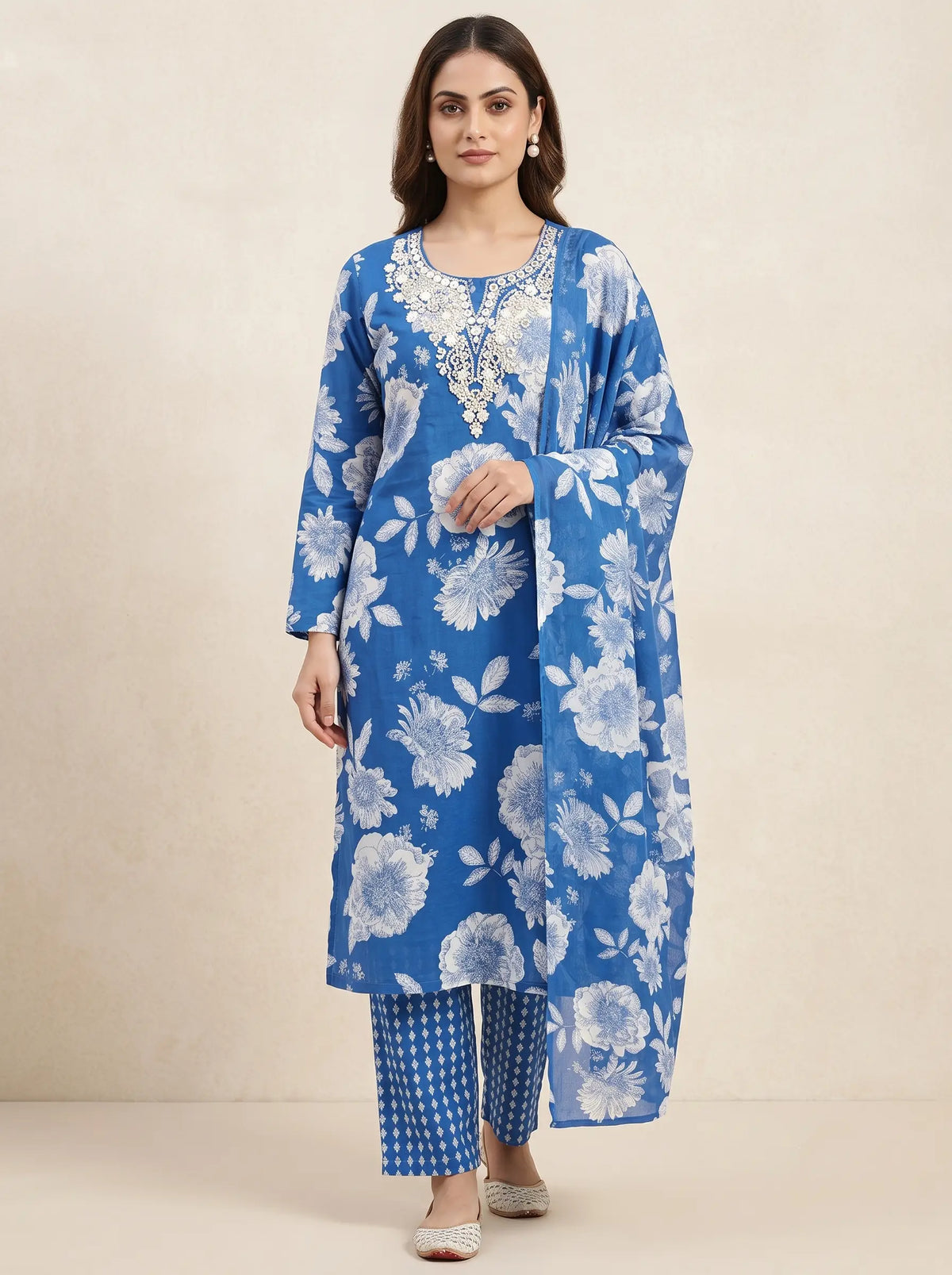 Women's Blue Floral Printed Pure Cotton Kurta Set with Dupatta & Pants | Embroidered Neck 3-Piece Suit