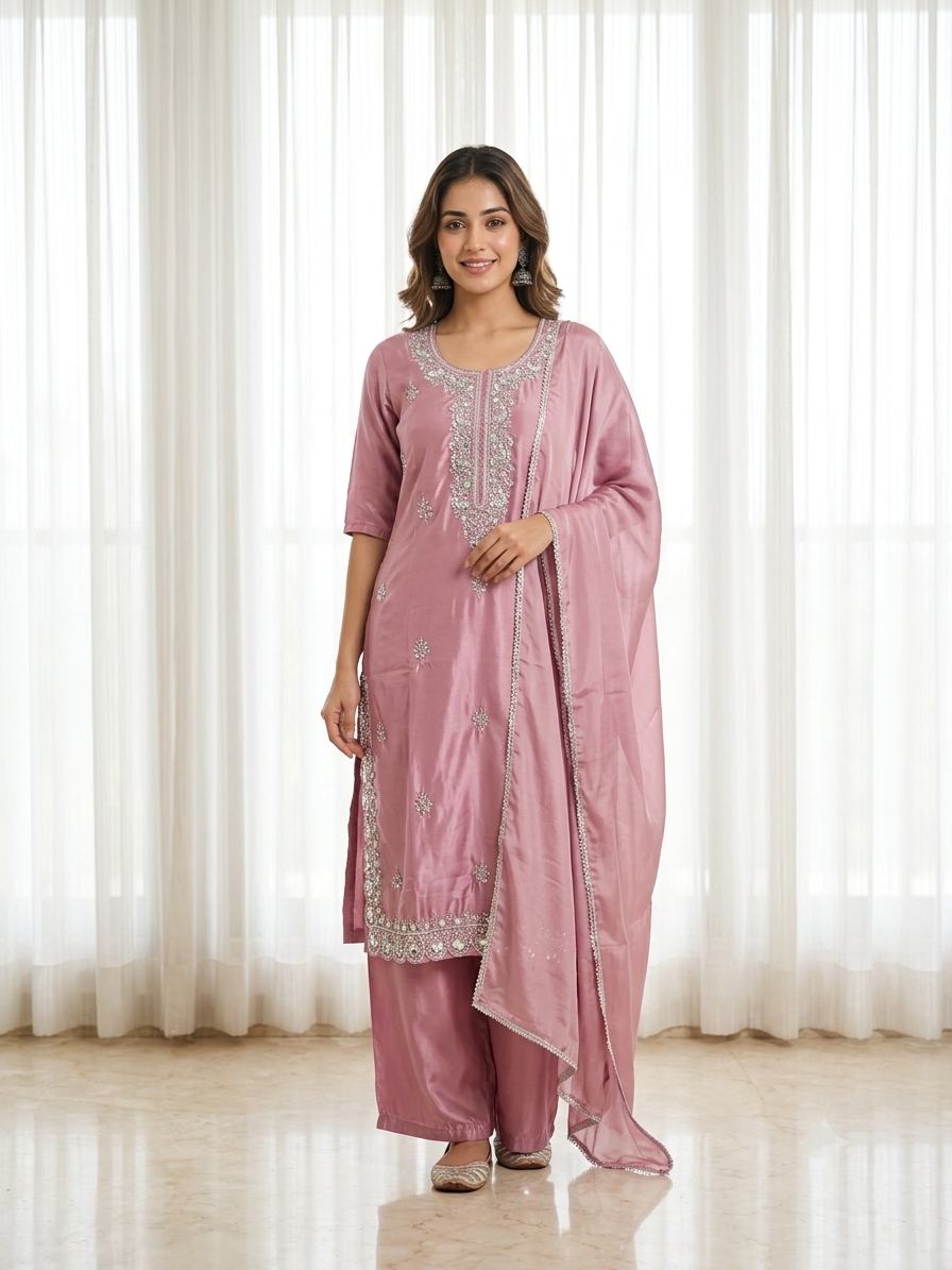 Rose Pink Hand-Embellished Silk Kurta, Wide-Leg Pant & Lace-Border Dupatta Set