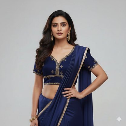 Elegant Navy Blue V-Neck Blouse with Gold Zari Embroidery