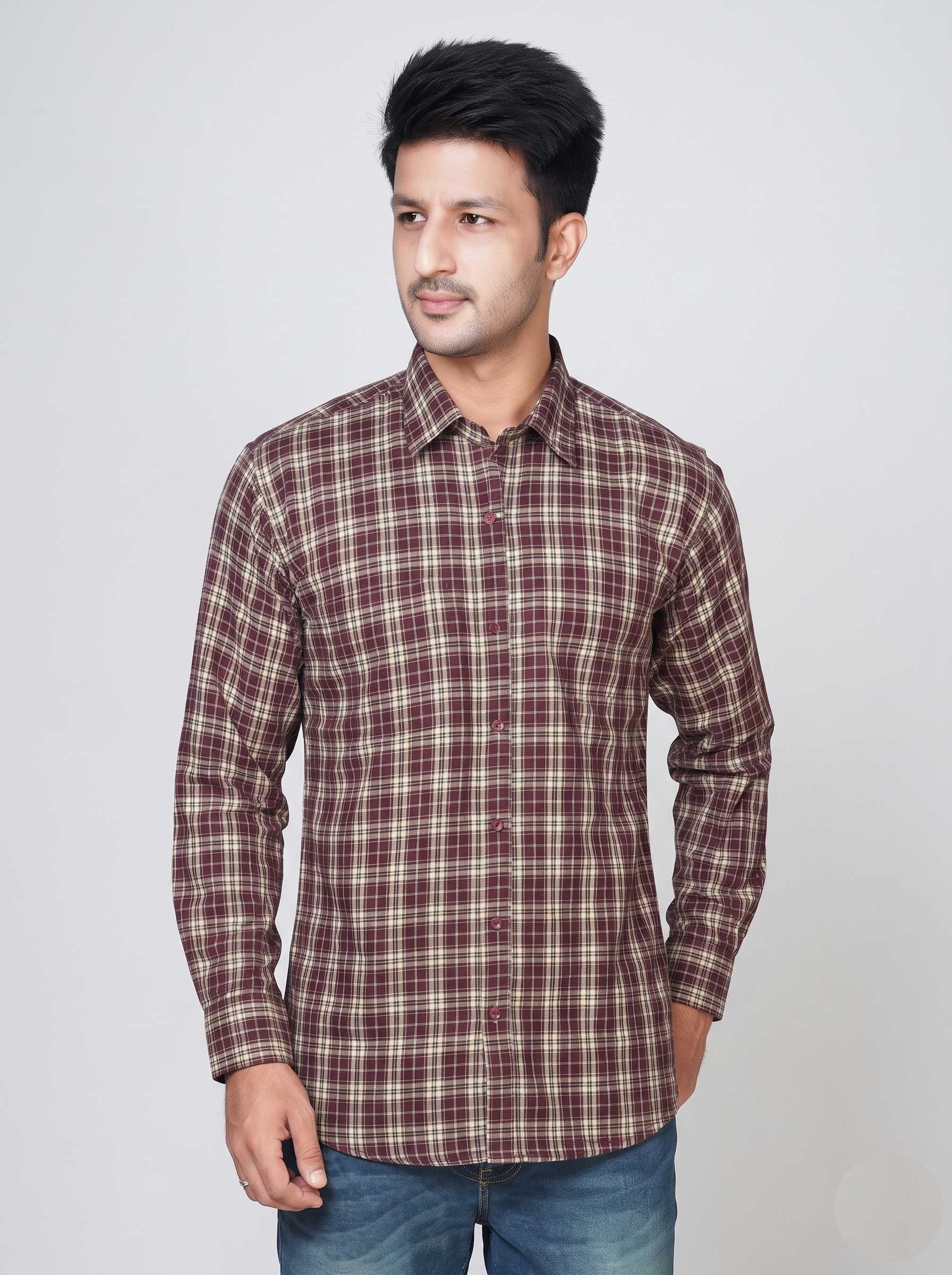 Trendzmy Men’s Maroon Checkered Regular Fit Full Sleeve Wool Blend Casual Shirt
