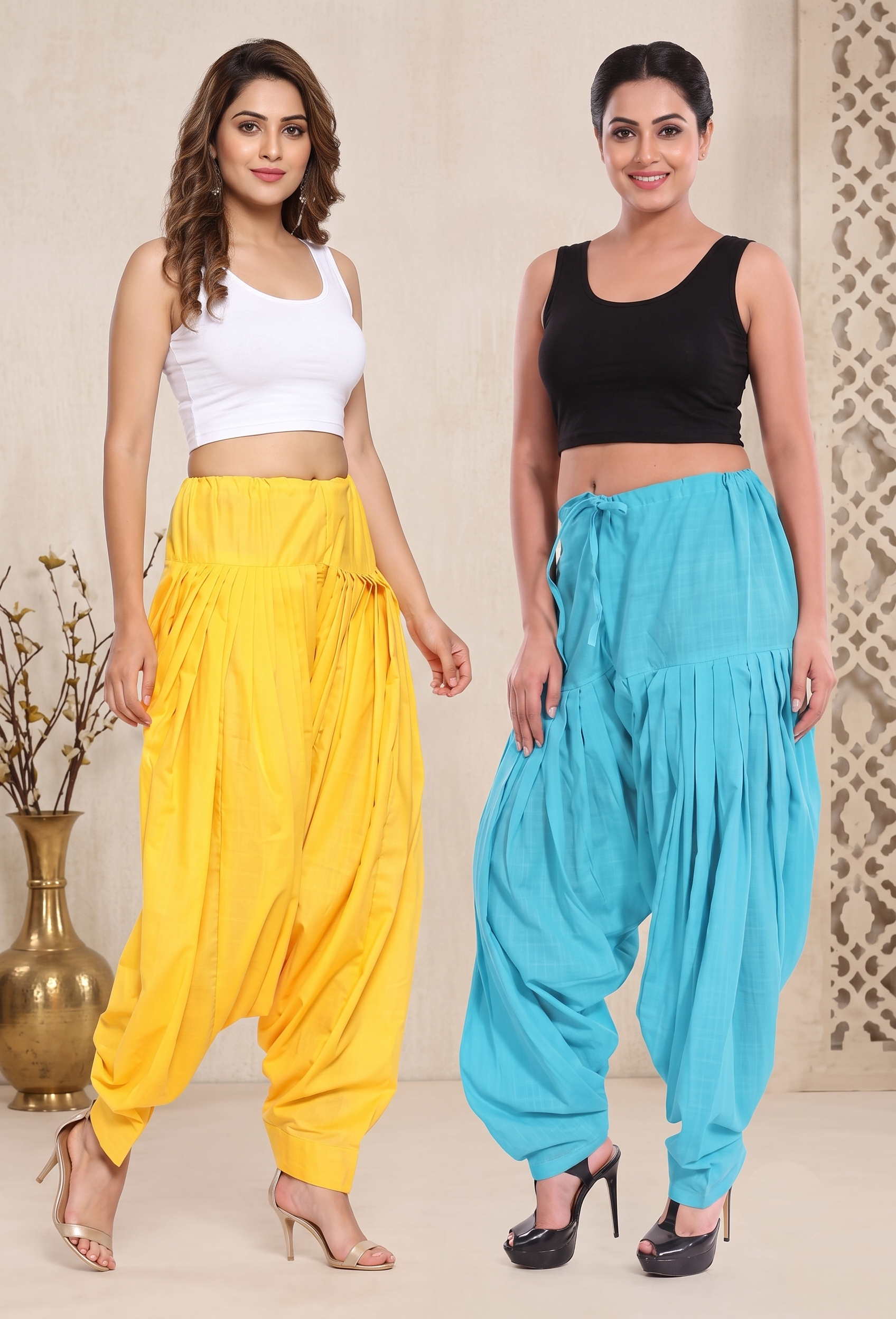 Women & Girl's Ethnic Premium Pleated Patiala Salwar in Yellow & Sky Blue-Pack of 2 Free Solid