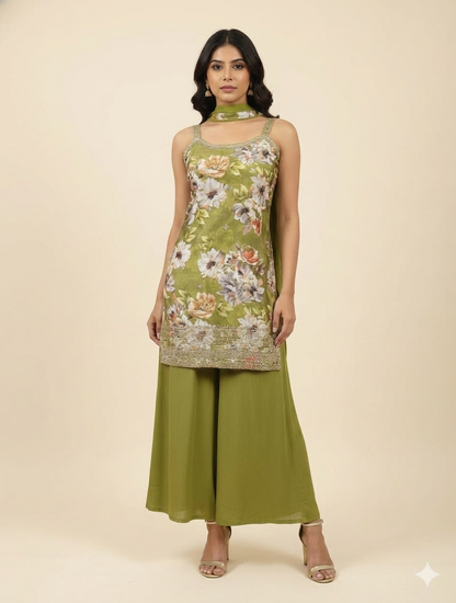 Floral Muslin Kurta Palazzo Set; Georgette Palazzo Set- FREE SIZE