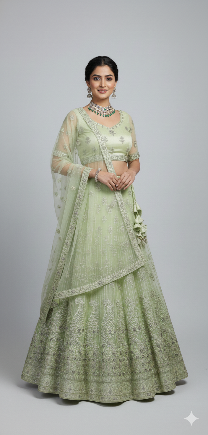 Unstitched Parrot Green Net Partywear Lehenga Choli Set (Unstitched)