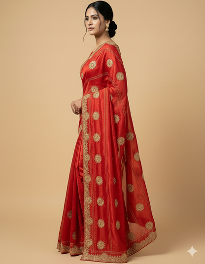 Ethereal Red Satin Chiffon Saree with Golden Serosqui Work #40315