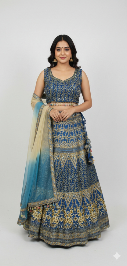 Striking Blue & Golden Art Silk Lehenga Crop Top Set