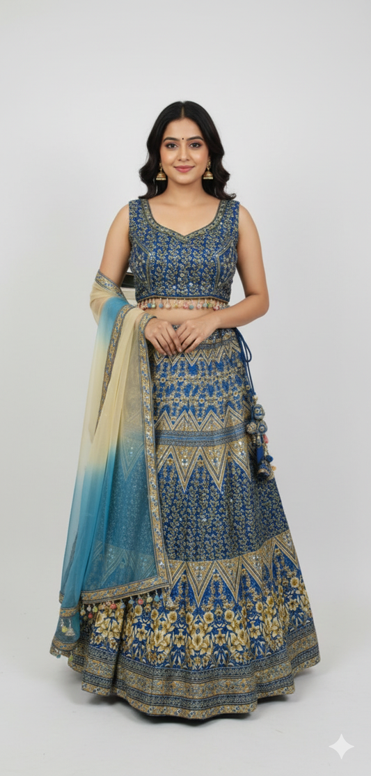 Striking Blue & Golden Art Silk Lehenga Crop Top Set