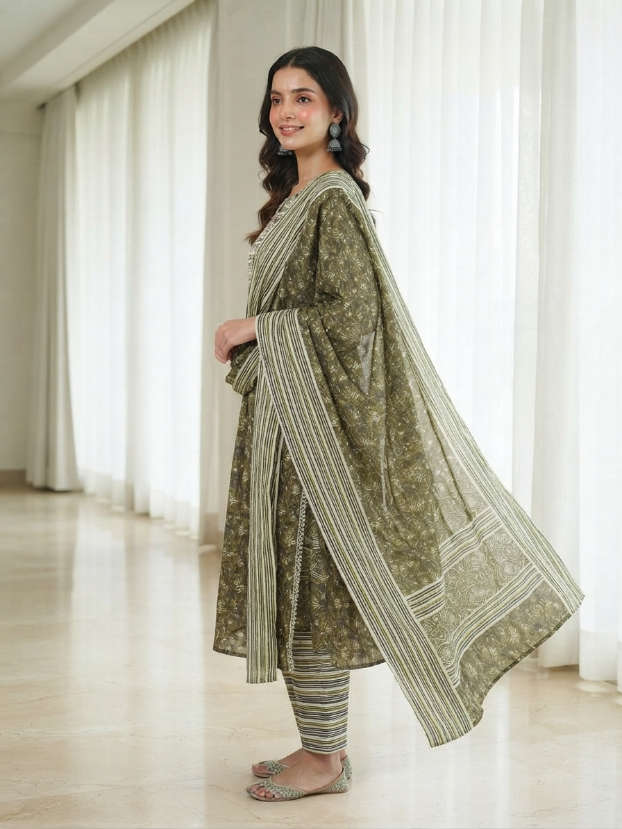 Olive Green Floral Block Print Pure Cotton Kurta, Pant & Dupatta Set