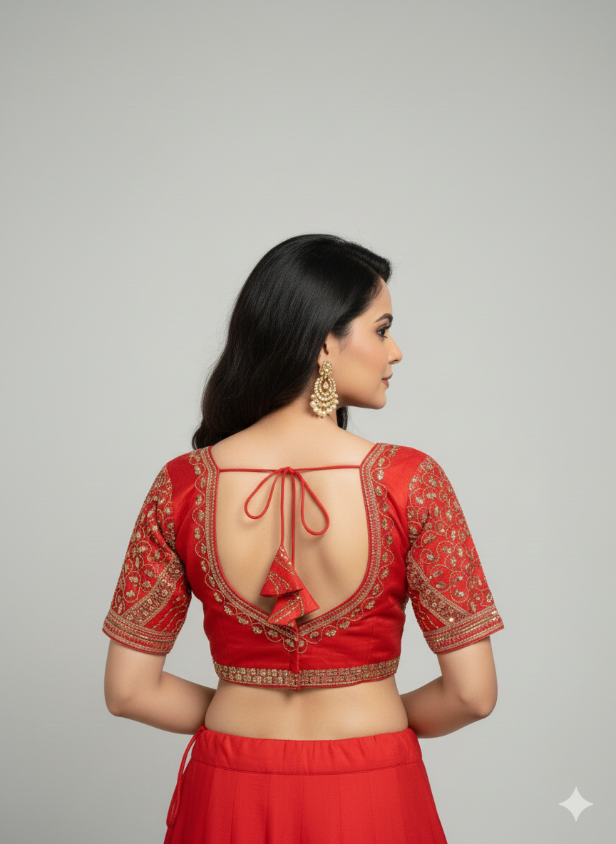 Red Cotton Silk Embroidered Blouse