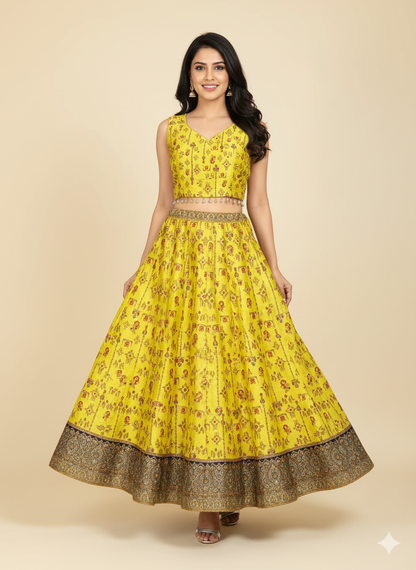 Bright Neon Yellow Printed Booty Art Silk Lehenga Crop Top Set-FREE SIZE