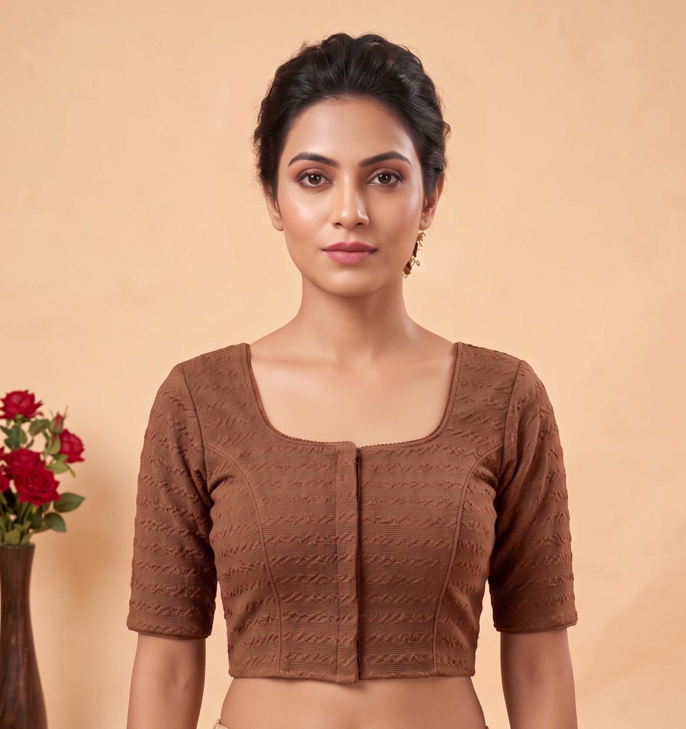 Trendzmy Women Woven Square Neck Cotton Blend Lycra Stretchable Readymade Saree Blouse Brown