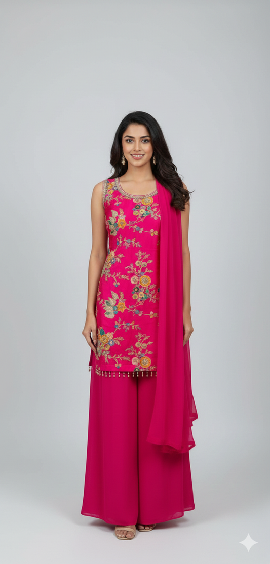 Rani Pink Silk Sharara Set with Multi-Thread Embroidery