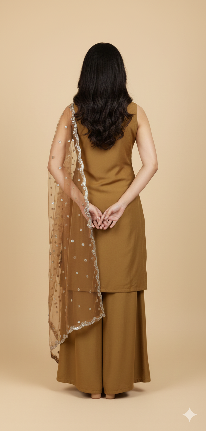Gold Chinon Hand Work Kurta & Palazzo Set
