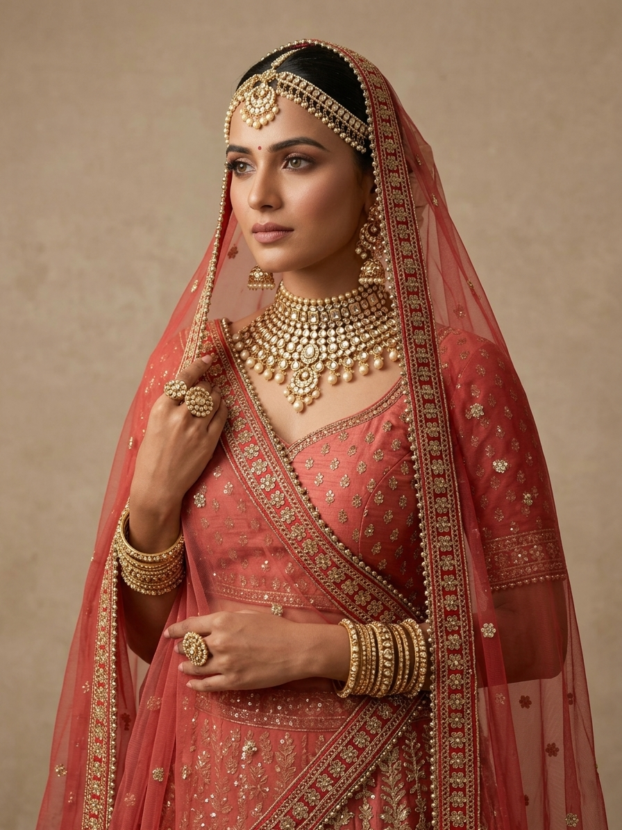 Classic Red Heavy Net Bridal Veil – Gold Zari Booties & Velvet Stone Border