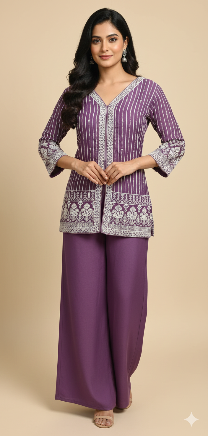 Purple Chinon Zircon & Thread Work Co-ord Set (Short Kurta & Palazzo) Purple