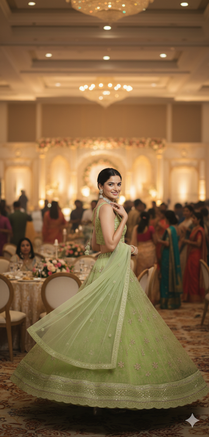 Fresh Parrot Green Net Party Wear Lehenga Choli (Unstitched)