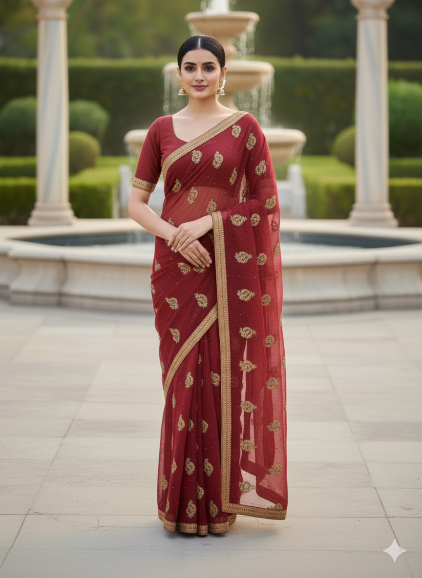 Women Maroon Georgette Saree with Golden Embroidery & Border – Karva Chauth Special