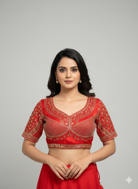 Red Cotton Silk Embroidered Blouse