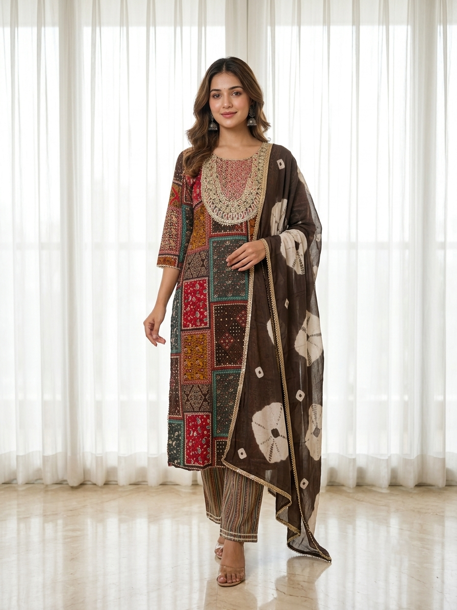 Premium Multicolor Mercerized Cotton Kurta, Pant & Dupatta Set Brown