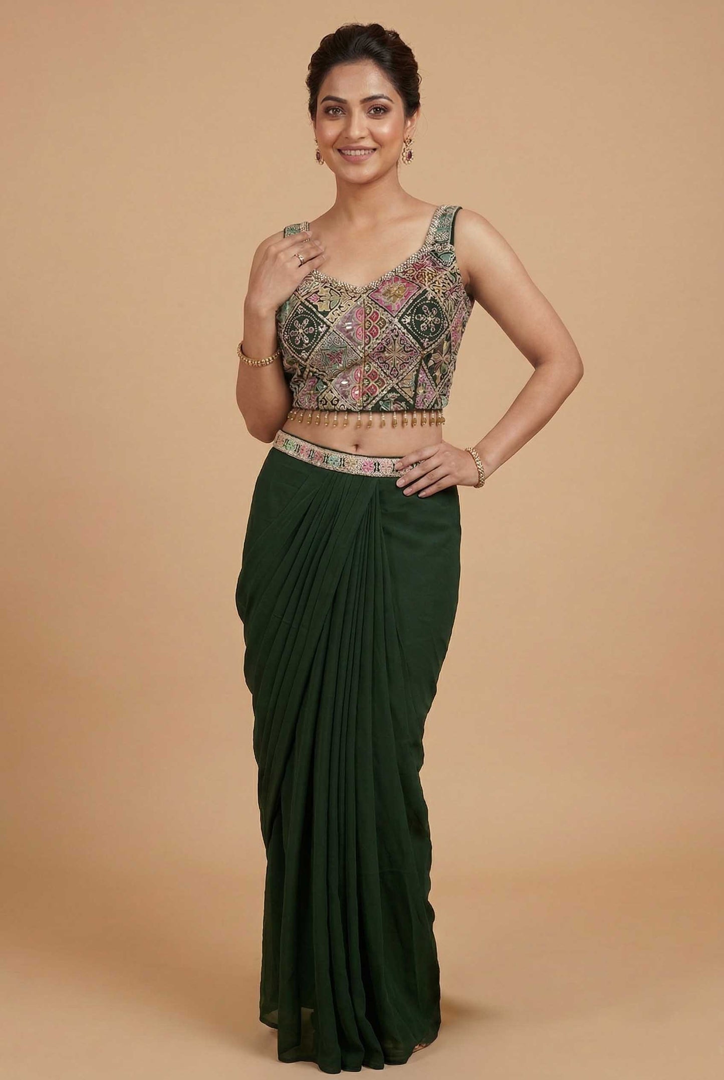 Premium Dark Green Georgette Indo-Western Set: Embroidered Crop Top, Dhoti Pants & Cape Shrug