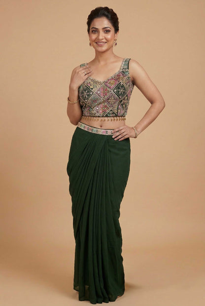 Premium Dark Green Georgette Indo-Western Set: Embroidered Crop Top, Dhoti Pants & Cape Shrug