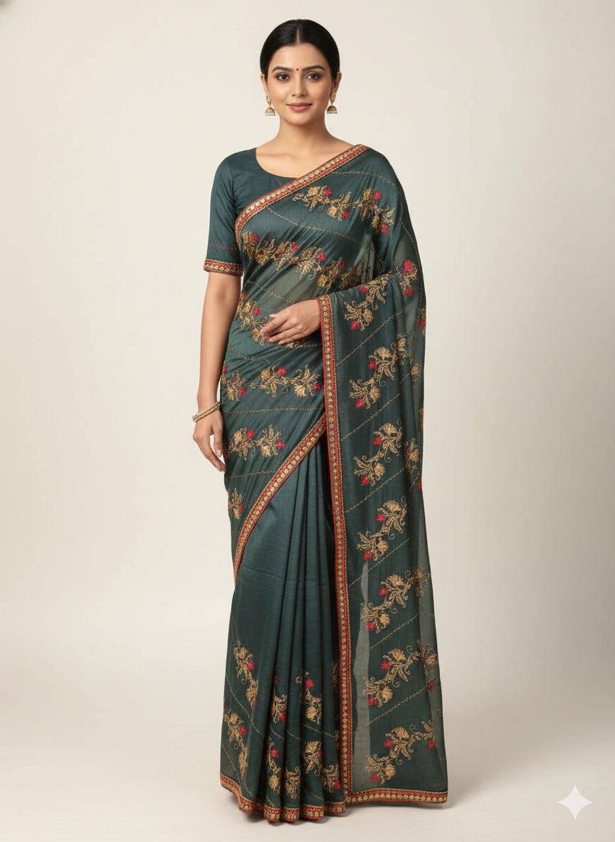 Regal Peacock Navy Blue Zimmi-Choo Saree, #40461