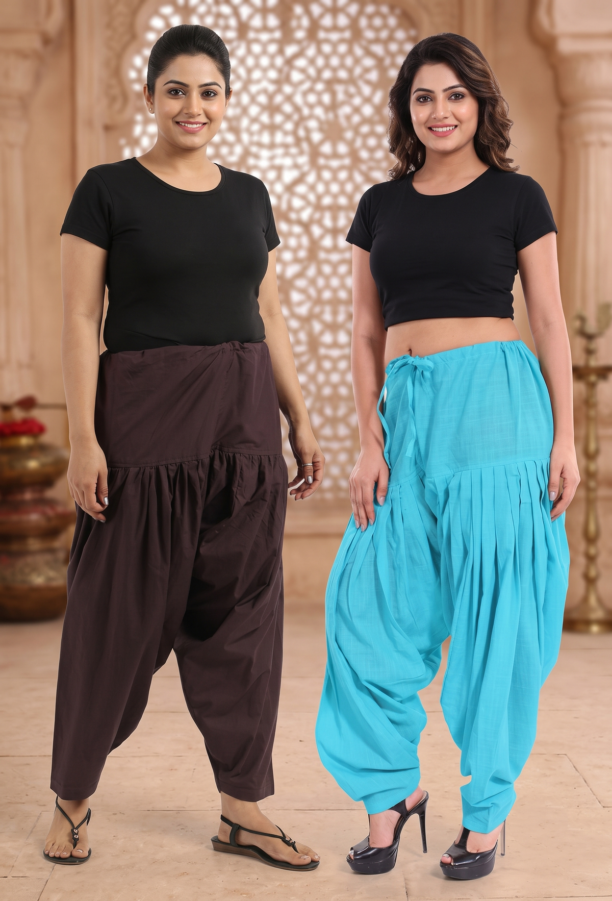 Women & Girl's Ethnic Premium Pleated Patiala Salwar in Brown and Sky Blue-Pack of 2 Free