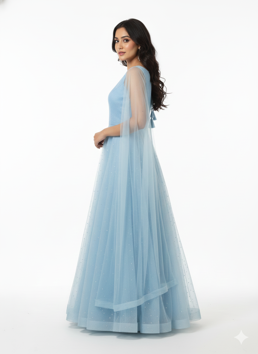 The Celeste Sky Blue Asymmetric Designer Gown
