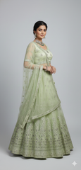 Unstitched Parrot Green Net Partywear Lehenga Choli Set (Unstitched)