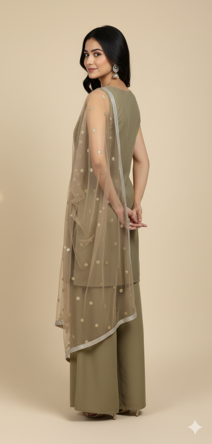 Olive Green Chinon Hand Work Kurta & Palazzo Set
