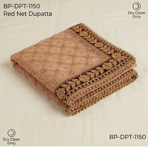 Royal Onion-Sheer Net Bridal Dupatta – Intricate Gold Zari & Velvet Scallop Border