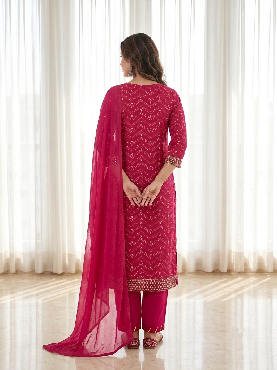 Rani Pink Mercerized Cotton Bandhani Print Kurta Set with Plain Chiffon Dupatta