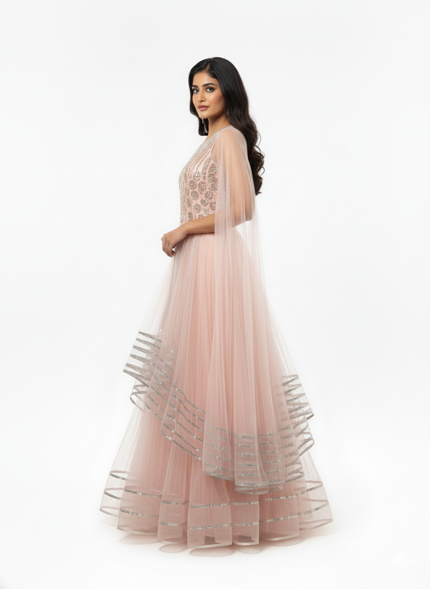 The 'Blush Petal' Embellished Organza Net Gown in Pinkish Peach Color