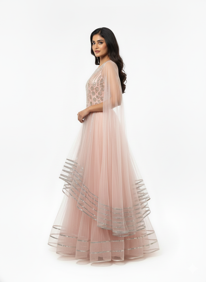 The 'Blush Petal' Embellished Organza Net Gown in Pinkish Peach Color